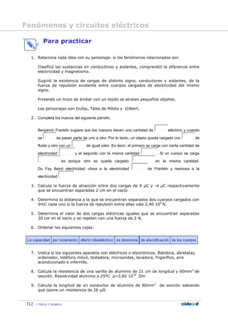 Fenómenos y circuitos eléctricos

            Para practicar

  1. Relaciona cada idea con su personaje. si los fenómenos relacionados son

       Clasificó las sustancias en conductoras y aislantes, comprendió la diferencia entre
       electricidad y magnetismo.

       Sugirió la existencia de cargas de distinto signo, conductores y aislantes, de la
       fuerza de repulsión existente entre cuerpos cargados de electricidad del mismo
       signo.

       Frotando un trozo de ámbar con un tejido se atraían pequeños objetos.

       Los personajes son Dufay, Tales de Mileto y Gilbert.

  2. Completa los huecos del siguiente párrafo.


       Benjamín Franklin sugiere que los cuerpos tienen una cantidad de               eléctrico y cuando

       se           se pasan parte de uno a otro. Por lo tanto, un objeto queda cargado con           de

       fluido y otro con un          de igual valor. Es decir; el primero se carga con cierta cantidad de

       electricidad           y el segundo con la misma cantidad               . Si un cuerpo se carga

                       es porque otro se queda cargado                        en la misma cantidad.

       Du Fay llamó electricidad vítrea a la electricidad                de Franklin y resinosa a la

       electricidad

  3. Calcula la fuerza de atracción entre dos cargas de 9 µC y -4 µC respectivamente
     que se encuentran separadas 2 cm en el vacío

  4. Determina la distancia a la que se encuentran separados dos cuerpos cargados con
     9mC cada uno si la fuerza de repulsión entre ellas vale 2,40 10 4 N.

  5. Determina el valor de dos cargas eléctricas iguales que se encuentran separadas
     20 cm en el vacío y se repelen con una fuerza de 2 N.

  6. Ordenar las siguientes cajas:




  7. Indica si los siguientes aparatos son eléctricos o electrónicos. Batidora, abrelatas,
     ordenador, teléfono móvil, tostadora, microondas, lavadora, frigorífico, aire
     acondicionado e infernillo.

  8. Calcula la resistencia de una varilla de aluminio de 21 cm de longitud y 60mm 2 de
     sección. Resistividad aluminio a 25ºC ρ=2,82 10-8 Ωm

  9. Calcula la longitud de un conductor de aluminio de 60mm2 de sección sabiendo
     que opone un resistencia de 26 µΩ.


312    FÍSICA Y QUÍMICA
 