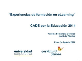 1
“Experiencias de formación en eLearning”
Lima, 14 Agosto 2014
Antonia Fernández Corrales
Instituto Técnico
CADE por la Educación 2014
 