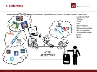 www.sti-innsbruck.at
HOTEL
REZEPTION
- Laufkundschaft
- Telefon
- Email
- Fax
- Hotel Website
- Bewertungsportale
- Buchungsseiten
- Soziale-Netzwerk-
Seiten
- Blogs
Der Hotelier der heutigen Zeit wird mit vielen verschiedenen Kommunikationskanälen konfrontiert:
1. Einführung
 