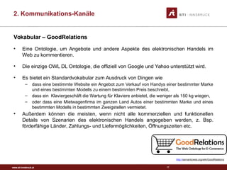 www.sti-innsbruck.at
Vokabular – GoodRelations
• Eine Ontologie, um Angebote und andere Aspekte des elektronischen Handels im
Web zu kommentieren.
• Die einzige OWL DL Ontologie, die offiziell von Google und Yahoo unterstützt wird.
• Es bietet ein Standardvokabular zum Ausdruck von Dingen wie
– dass eine bestimmte Website ein Angebot zum Verkauf von Handys einer bestimmter Marke
und eines bestimmten Modells zu einem bestimmten Preis beschreibt,
– dass ein Klaviergeschäft die Wartung für Klaviere anbietet, die weniger als 150 kg wiegen,
– oder dass eine Mietwagenfirma im ganzen Land Autos einer bestimmten Marke und eines
bestimmten Modells in bestimmten Zweigstellen vermietet.
• Außerdem können die meisten, wenn nicht alle kommerziellen und funktionellen
Details von Szenarien des elektronischen Handels angegeben werden, z. Bsp.
förderfähige Länder, Zahlungs- und Liefermöglichkeiten, Öffnungszeiten etc.
77
http://semanticweb.org/wiki/GoodRelations
2. Kommunikations-Kanäle
 