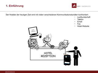www.sti-innsbruck.at
HOTEL
REZEPTION
- Laufkundschaft
- Telefon
- Email
- Fax
- Hotel Website
Der Hotelier der heutigen Zeit wird mit vielen verschiedenen Kommunikationskanälen konfrontiert:
1. Einführung
 