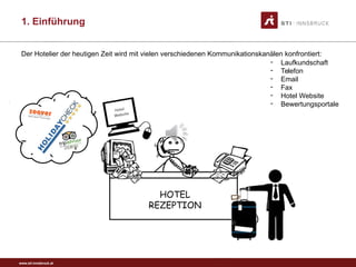www.sti-innsbruck.at
HOTEL
REZEPTION
- Laufkundschaft
- Telefon
- Email
- Fax
- Hotel Website
- Bewertungsportale
Der Hotelier der heutigen Zeit wird mit vielen verschiedenen Kommunikationskanälen konfrontiert:
1. Einführung
 