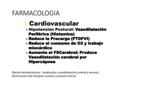 FARMACOLOGIA
Efectos hemodinámicos : bradicardia y vasodilatación( arterial y venosa),
Disminución leve del gasto cardiaco y presión arterial
 