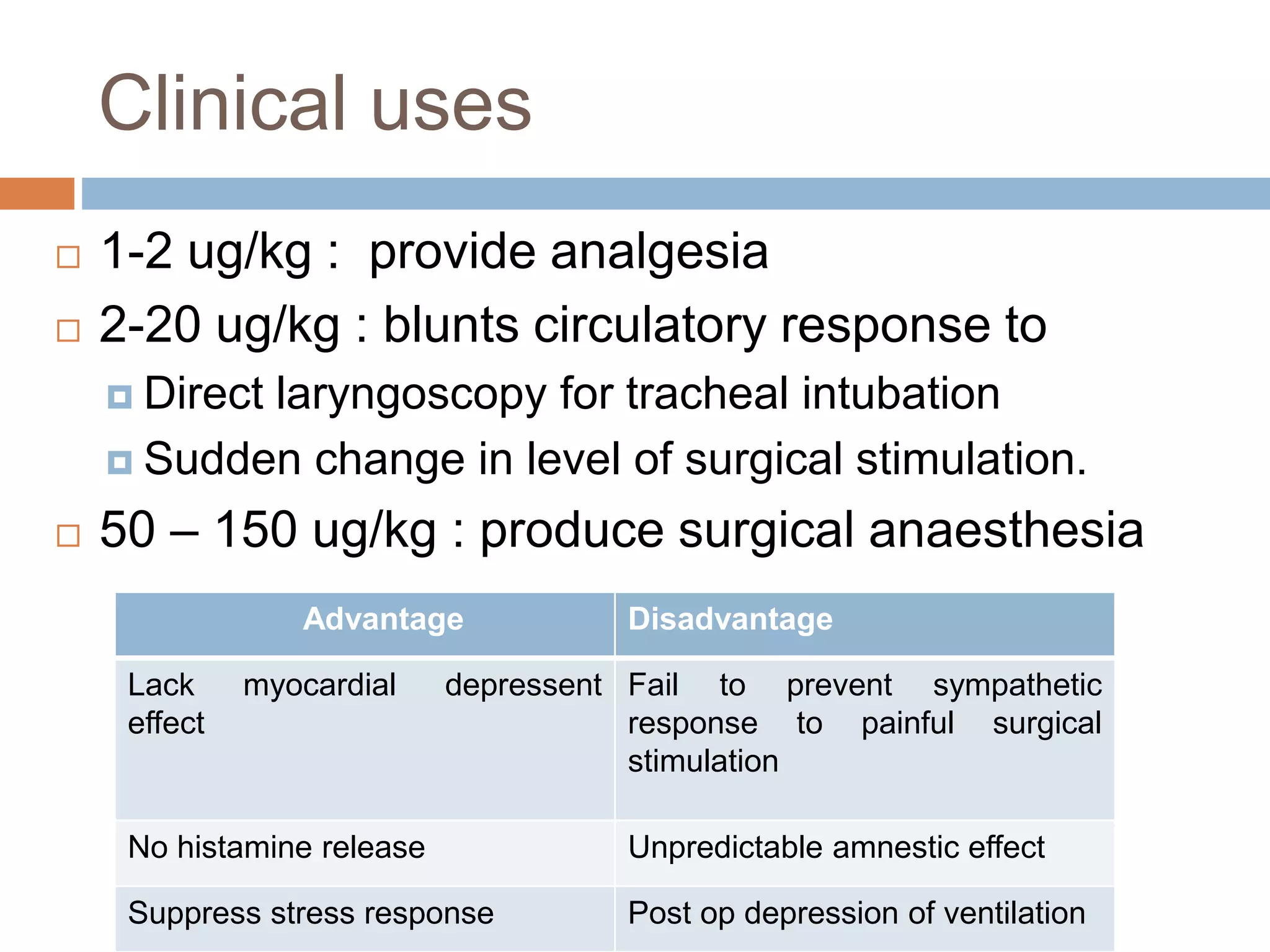 Clinical uses
 1-2 ug/kg : provide analgesia
 2-20 ug/kg : blunts circulatory response to
 Direct laryngoscopy for tracheal intubation
 Sudden change in level of surgical stimulation.
 50 – 150 ug/kg : produce surgical anaesthesia
Advantage Disadvantage
Lack myocardial depressent
effect
Fail to prevent sympathetic
response to painful surgical
stimulation
No histamine release Unpredictable amnestic effect
Suppress stress response Post op depression of ventilation
 