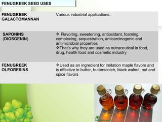 FENUGREEK SEED USESFENUGREEK SEED USES
FENUGREEK
GALACTOMANNAN
Various industrial applications.
SAPONINS
(DIOSGENIN)
 Flavoring, sweetening, antioxidant, foaming,
complexing, sequestration, anticarcinogenic and
antimicrobial properties
That’s why they are used as nutraceutical in food,
drug, health food and cosmetic industry
FENUGREEK
OLEORESINS
Used as an ingredient for imitation maple flavors and
is effective in butter, butterscotch, black walnut, nut and
spice flavors
 