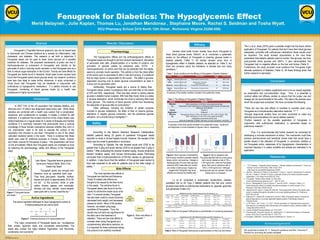 According to the Natural Standard Research Collaboration, diabetic patients taking 25 grams of powdered Fenugreek seeds reported no renal or clinical hepatic toxicity. However, the sample of the study was too small to generalize a conclusion.   According to Opdyke, the rats showed acute oral LD50 to be greater than 5 g/kg and acute dermal LD50 to be greater than 2 g/kg in rabbits.  8   After evaluating the reverse mutation assay, mouse lymphoma forward mutation assay, and mouse micronucleus assay Flammang concluded that 4-Hydroxyisoleucine (4-OH-Ile) causes no genotoxicity. In addition, it was found that the addition of Fenugreek seed extract to food was expected to be safe for patients due to the wide margin of safety.  9 ,[object Object],The hypoglycemic effects and the antihyperglycemic effects of Fenugreek seeds are thought to be from several mechanisms: stimulation of pancreatic beta cells, phosphorylation of a number of proteins, and promotion of glucose uptake by peripheral cells. (CITE)  4-Hydroxyisoleucine, an amino acid that can be extracted from the seeds, seems to promote insulin secretion. This activity is from the direct effect of the amino acid on pancreatic B cells in rats and humans. It is believed that its major isomer is responsible for this action.  The effect is glucose-dependent occurring only at certain glucose concentrations as seen in human and rat pancreatic cells. 4   Additionally, Fenugreek seeds are a source of dietary fiber.  Fenugreek seeds contain mucilaginous fiber and total fiber to the extent of 20% and 50%, respectively.  Fiber has been shown to reduce plasma glucose in diabetic human subjects. With high fiber foods, there is a delay in glucose absorption, which contributes the most to reducing after-meal blood glucose.  The lowering of blood glucose comes from decreasing the absorption of glucose after its consumption. 5 Other pathways, including the inhibition of certain enzymes involved in glucose metabolism, the effect of fiber on plasma glucose, alterations in hepatic glucose production, and the peripheral glucose utilization, are currently being investigated. 5,6 In 2007 7.8% of the US population had Diabetes Mellitus, and there are over 1.6 million new diagnosed cases every year 1 . When these statistics are combined with a health care system that is complicated, expensive, and cumbersome to navigate, it creates a market for self treatment. It is believed that at least one-third of the United States uses herbal medicines on a regular basis for a variety of illnesses and medical conditions. It is extremely important that pharmacists have a working knowledge of these herbals medications because whether they work or not, pharmacists  need to be able to educate the portion of the population that chooses to use them. Fenugreek is one of the oldest cultivated medicinal plants in the world.  There is evidence that these seeds were used for medicinal purposes in Chinese, Greek,  Arabian and Indian cultures for thousands of years. 2   This presentation will focus on the anti-diabetic effects that Fenugreek seeds are marketed to have by exploring the pharmacology, safety and efficacy of the Fenugreek seed. Fenugreek for Diabetics: The Hypoglycemic Effect Merid Belayneh , Julie Kaplan, Thomas Lu, Jonathan Mendonsa , Stephaine Moore, Rachel S. Seidman and Tosha Wyatt.  VCU Pharmacy  School  ( 410 North 12th Street , Richmond, Virginia 23298-058) Side Effects Toxicity  We would like to thank Dr. Y. Zhang for guidance and Mrs. Veronica P. Shuford for providing the poster template. Pharmacology Safety Resources Active Ingredients The major components of Fenugreek seeds are  mucilaginous fiber, protein, saponins, lipids, and unavailable carbohydrates. The seeds also contain the major alkaloid Trigonelline, and flavonoids, carotenoids, and coumarins 2 Fenugreek plants are annuals and therefore must be replanted each year.  They have grey-green, tripartite, toothed leaves and grow to approximately 30 to 60 cm tall.  In the summer, white or pale yellow flowers appear and eventually develop into long, slender, sword-shaped seed pods with a curved, beak-like tip. 3 Latin Name: Trigonella foenum-graecum  Synonyms: Kasoori Methi, Bird’s Foot,  Greek Hay Seed 2 Several small scale human studies have found Fenugreek to lower blood glucose levels. Ulbricht  et al. conducted a systematic review on the efficacy of Fenugreek in lowering glucose levels in diabetic patients (Table 1). All studies showed some form of hypoglycemic effect in diabetic patients, as depicted on Table 2, but there are concerns about the limitations in sample size and study conditions.  2 Lu et al. conducted a randomized, double-blind, placebo-paralleled trial on 64 Type 2 diabetic patients that had poor control glucose levels while on sulfonylurea medications (ie. glipizide, glyburide, and glimipride) (Table 3,4). 7   Figure 4:  Serum glucose concentrations. Control group received a placebo capsule, dietary control, and exercise. Changes in fasting glucose (FG) and mean glucose tolerance (MGT) tests after two months  are similar in both groups. Gupta et al.  suggest that Fenugreek may be as effective as exercise and healthy diet.  2 Figure 5 : Serum clearance rate.  The study reported that the control group had a serum clearance rate of 153 ± 11.92 mg/mL/min, while the Fenugreek group had a serum clearance rate of 136.4 ± 6.36 mg/mL/min. 2  Although blood glucose was not reported, this data implies that it is increased.  2 The active ingredient attributed to have hypoglycemic activity is 4-Hydroxyisoleucine (an amino acid) 2 Fenugreek’s (Trigonella foennum graecum) use can be traced back to Ayurevedic and Chinese medicine as a remedy for inflammation, high cholesterol, and diabetes. This research is set forth to determine if Fenugreek seeds can be used to lower blood glucose as a possible treatment for diabetes. The proposed mechanisms of action are that 4-Hydroxyisoleucine (a component of Fenugreek) acts directly on the pancreatic B cells in inducing insulin secretion or that Fenugreek acts as a fiber to reduce sugar absorption in the GI tract. Toxicity and side effects for Fenugreek are hardly found in literature. Small scale human studies have found that Fenugreek lowers blood glucose levels, but research conditions were less than ideal to make further inferences. A study conducted in China found that Fenugreek may be beneficial in conjunction with sulfonylurea (a hypoglycemic medication) . If a patient chooses to use Fenugreek, monitoring of blood glucose levels by a health care professional is highly recommended. Figure 1 : Fenugreek leaves and seeds  3 Figure 2:  Chemical Structure of 4-Hydroxyisoleucine 4   Table 1: Study conditions for the efficacy of Fenugreek in Diabetic Patients.  2 Table 2: The efficacy of Fenugreek in Diabetic Patients.  2 Figure 3:  Minor side effects of Fenugreek  10 Table 3:  Effect of Fenugreek/ Sulfonylurea co-administration on monitoring parameters.  7 Table 4:  Effect of Fenugreek/ Sulfonylurea co-administration on the Liver and Kidney  7 Efficacy ,[object Object],[object Object],[object Object],[object Object],[object Object],A summary of the studies condition included in the systematic review.  A summary of the study results included in the systematic review.  Gupta et al and Raghuram et al are illustrated on figures 4 and 5, respectfully. The Lu et al. study (2010) gives a possible insight into the future clinical application of Fenugreek. For patients that don’t have their blood glucose adequately controlled with sulfonylurea medications these results could be important. The study showed improvement in the core three parameters that diabetic patients need to monitor: free glucose, two hour post-prandial blood glucose and HbA1c. It also demonstrated that Fenugreek had no negative effects on the liver and kidney (Table 2).  Furthermore, the study provided novel evidence that Fenugreek might alleviate symptoms of diabetics (Table 2). All these findings show that further research is warranted.  7 