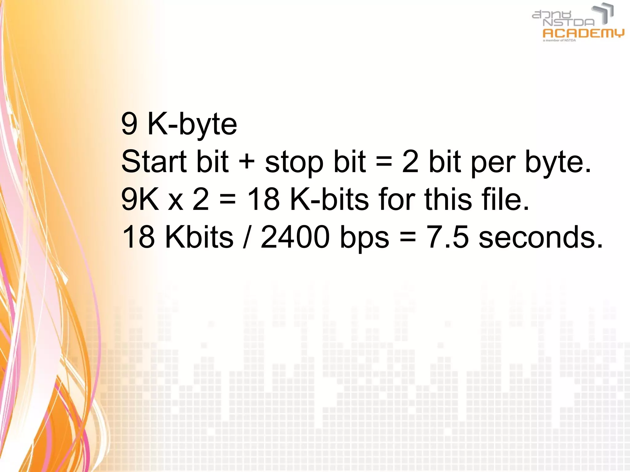 9 K-byte
Start bit + stop bit = 2 bit per byte.
9K x 2 = 18 K-bits for this file.
18 Kbits / 2400 bps = 7.5 seconds.
 