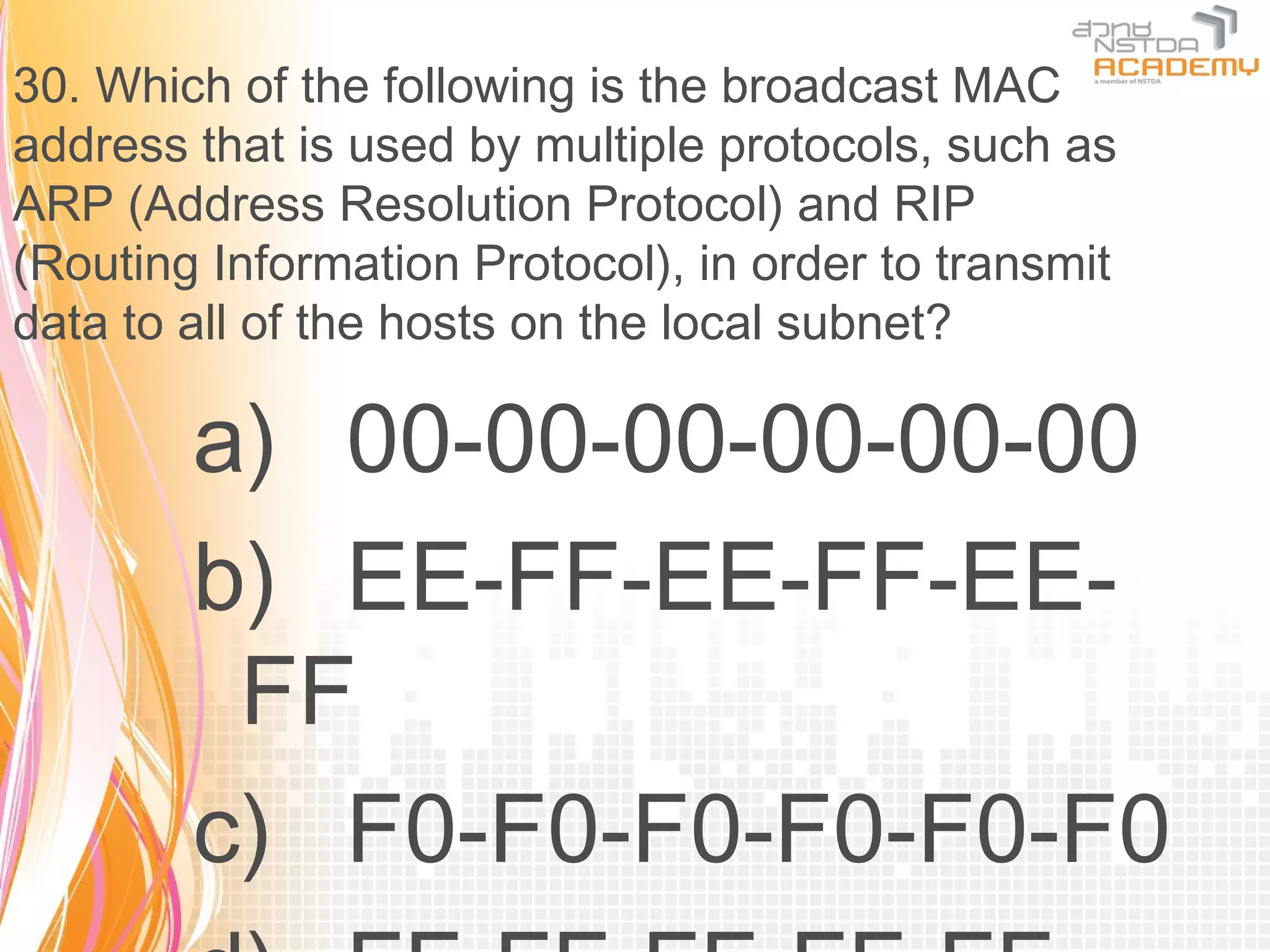30. Which of the following is the broadcast MAC
address that is used by multiple protocols, such as
ARP (Address Resolution Protocol) and RIP
(Routing Information Protocol), in order to transmit
data to all of the hosts on the local subnet?

        a) 00-00-00-00-00-00
        b) EE-FF-EE-FF-EE-
         FF
        c) F0-F0-F0-F0-F0-F0
 