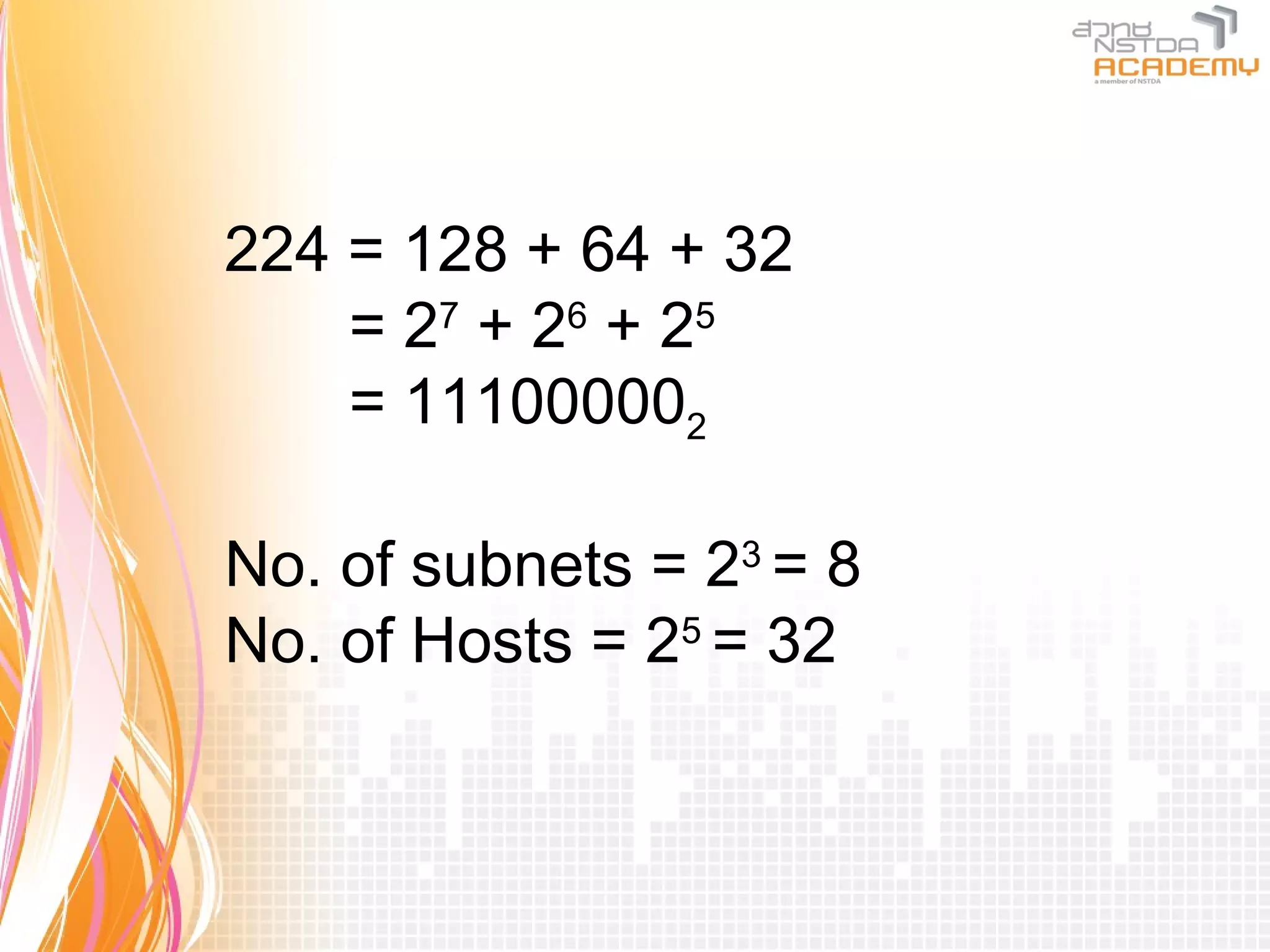 224 = 128 + 64 + 32
    = 27 + 2 6 + 25
    = 111000002

No. of subnets = 23 = 8
No. of Hosts = 25 = 32
 
