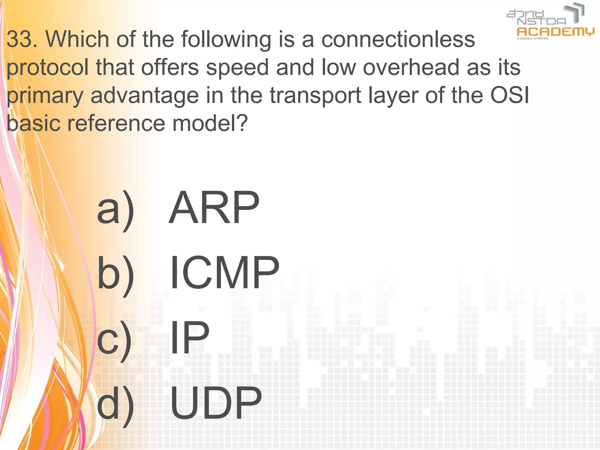 33. Which of the following is a connectionless
protocol that offers speed and low overhead as its
primary advantage in the transport layer of the OSI
basic reference model?


        a)     ARP
        b)     ICMP
        c)     IP
        d)     UDP
 