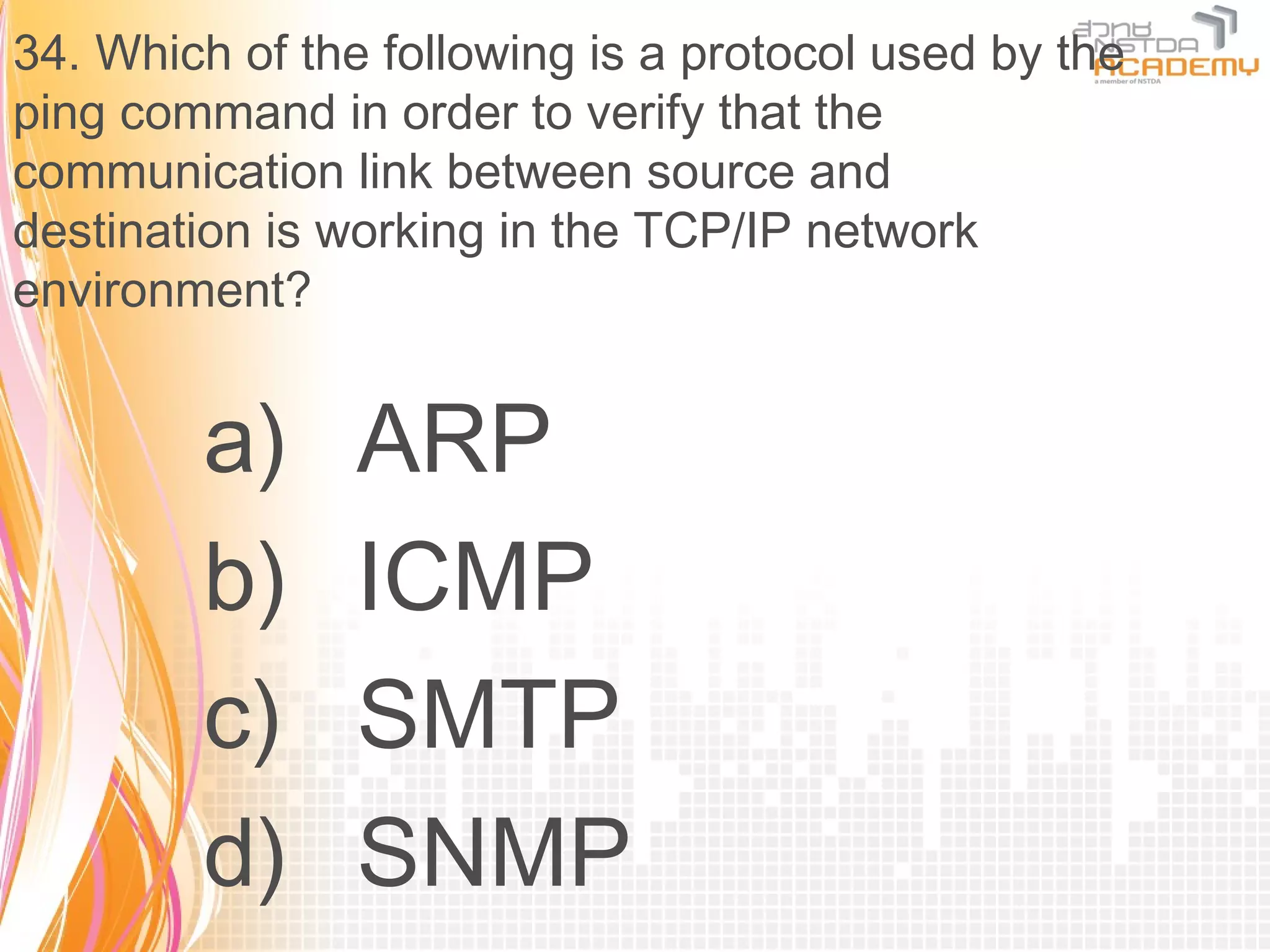 34. Which of the following is a protocol used by the
ping command in order to verify that the
communication link between source and
destination is working in the TCP/IP network
environment?


        a)      ARP
        b)      ICMP
        c)      SMTP
        d)      SNMP
 