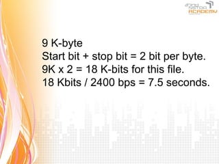 9 K-byte
Start bit + stop bit = 2 bit per byte.
9K x 2 = 18 K-bits for this file.
18 Kbits / 2400 bps = 7.5 seconds.
 