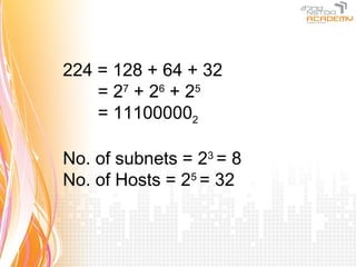 224 = 128 + 64 + 32
    = 27 + 2 6 + 25
    = 111000002

No. of subnets = 23 = 8
No. of Hosts = 25 = 32
 