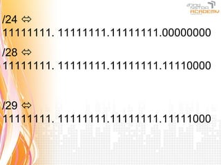 /24 
11111111. 11111111.11111111.00000000
/28 
11111111. 11111111.11111111.11110000


/29 
11111111. 11111111.11111111.11111000
 
