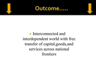  Interconnected and
interdependent world with free
transfer of capital,goods,and
services across national
frontiers
 