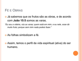 Fé e ObrasJá sabemos que os frutos são as obras, e de acordo com João 15:5 somos as varas.“Eu sou a videira, vós as varas; quem está em mim, e eu nele, esse dá muito fruto; porque sem mim nada podeis fazer.”As folhas simbolizam a fé.Assim, temos o perfil da vida espiritual (ativa) do ser humano.