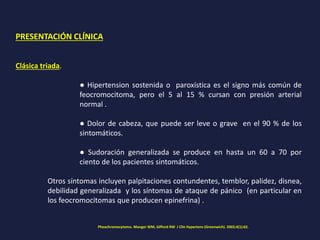 PRESENTACIÓN CLÍNICA
Clásica triada.
● Hipertension sostenida o paroxística es el signo más común de
feocromocitoma, pero el 5 al 15 % cursan con presión arterial
normal .
● Dolor de cabeza, que puede ser leve o grave en el 90 % de los
sintomáticos.
● Sudoración generalizada se produce en hasta un 60 a 70 por
ciento de los pacientes sintomáticos.
Otros síntomas incluyen palpitaciones contundentes, temblor, palidez, disnea,
debilidad generalizada y los síntomas de ataque de pánico (en particular en
los feocromocitomas que producen epinefrina) .
Pheochromocytoma. Manger WM, Gifford RW J Clin Hypertens (Greenwich). 2002;4(1):62.
 