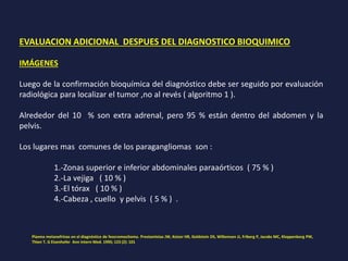 EVALUACION ADICIONAL DESPUES DEL DIAGNOSTICO BIOQUIMICO
IMÁGENES
Luego de la confirmación bioquímica del diagnóstico debe ser seguido por evaluación
radiológica para localizar el tumor ,no al revés ( algoritmo 1 ).
Alrededor del 10 % son extra adrenal, pero 95 % están dentro del abdomen y la
pelvis.
Los lugares mas comunes de los paragangliomas son :
1.-Zonas superior e inferior abdominales paraaórticos ( 75 % )
2.-La vejiga ( 10 % )
3.-El tórax ( 10 % )
4.-Cabeza , cuello y pelvis ( 5 % ) .
Plasma metanefrinas en el diagnóstico de feocromocitoma. Prestamistas JW, Keizer HR, Goldstein DS, Willemsen JJ, Friberg P, Jacobs MC, Kloppenborg PW,
Thien T, G Eisenhofer Ann Intern Med. 1995; 123 (2): 101
 