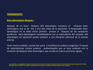 TRATAMIENTO
Beta-adrenérgicos bloqueo -
Después de un buen bloqueo alfa adrenérgico, iniciamos el bloqueo beta-
adrenérgico, que se da dos a tres días antes de la operación. El bloqueador beta-
adrenérgico no se debe iniciar primero porque el bloqueo de los receptores
periféricos beta-adrenérgicos vasodilatadores con la estimulación del receptor alfa
adrenérgico sin oposición puede conducir a una elevación adicional de la presión
arterial.
Tener mucho cuidado cuando hay asma o insuficiencia cardíaca congestiva. El exceso
de catecolaminas crónica produce cardiomiopatía que se hace evidente con la
iniciación de bloqueo beta-adrenérgico, que resulta en edema pulmonar agudo.
Feocromocitoma y paraganglioma: una guía de práctica clínica de la Endocrine Society. Prestamistas JW, Duh QY, Eisenhofer G, Giménez-Roqueplo AP, Grebe SK,
Murad MH, Naruse M, Pacak K, Young WF Jr, Sociedad de Endocrinología J Clin Endocrinol Metab. 2014 Jun; 99 (6): 1915-1942.
 