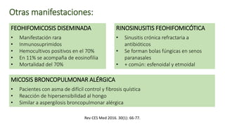 FEOHIFOMICOSIS DISEMINADA
• Manifestación rara
• Inmunosuprimidos
• Hemocultivos positivos en el 70%
• En 11% se acompaña de eosinofilia
• Mortalidad del 70%
Otras manifestaciones:
RINOSINUSITIS FEOHIFOMICÓTICA
• Sinusitis crónica refractaria a
antibióticos
• Se forman bolas fúngicas en senos
paranasales
• + común: esfenoidal y etmoidal
MICOSIS BRONCOPULMONAR ALÉRGICA
• Pacientes con asma de difícil control y fibrosis quística
• Reacción de hipersensibilidad al hongo
• Similar a aspergilosis broncopulmonar alérgica
Rev CES Med 2016. 30(1): 66-77.
 