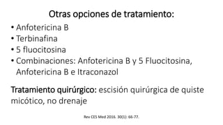 Otras opciones de tratamiento:
• Anfotericina B
• Terbinafina
• 5 fluocitosina
• Combinaciones: Anfotericina B y 5 Fluocitosina,
Anfotericina B e Itraconazol
Tratamiento quirúrgico: escisión quirúrgica de quiste
micótico, no drenaje
Rev CES Med 2016. 30(1): 66-77.
 
