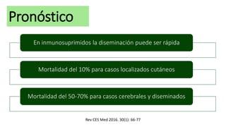 Pronóstico
Rev CES Med 2016. 30(1): 66-77
En inmunosuprimidos la diseminación puede ser rápida
Mortalidad del 10% para casos localizados cutáneos
Mortalidad del 50-70% para casos cerebrales y diseminados
 