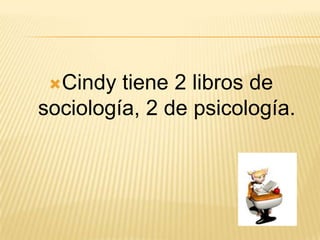 Cindy

tiene 2 libros de
sociología, 2 de psicología.

 