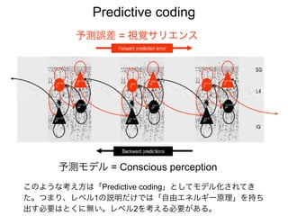 予測誤差 = 視覚サリエンス
予測モデル = Conscious perception
Predictive coding
このような考え方は「Predictive coding」としてモデル化されてき
た。つまり、レベル1の説明だけでは「自由エネルギー原理」を持ち
出す必要はとくに無い。レベル2を考える必要がある。
 