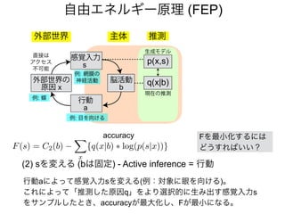 自由エネルギー原理 (FEP)
主体外部世界
感覚入力
s
行動
a
外部世界の
原因 x
p(x,s)
現在の推測
q(x|b)
生成モデル
推測
例: 網膜の
神経活動
直接は
アクセス
不可能
例: 目を向ける
例: 蝶
脳活動
b
(2) sを変える (bは固定) - Active inference = 行動
F(s) = C2(b) −
X
x
{q(x|b) ⇤ log(p(s|x))}
行動aによって感覚入力sを変える(例：対象に眼を向ける)。
これによって「推測した原因q」をより選択的に生み出す感覚入力s
をサンプルしたとき、accuracyが最大化し、Fが最小になる。
accuracy Fを最小化するには
どうすればいい？
 