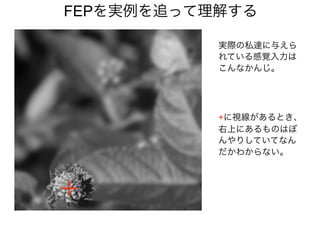 +に視線があるとき、
右上にあるものはぼ
んやりしていてなん
だかわからない。
FEPを実例を追って理解する
実際の私達に与えら
れている感覚入力は
こんなかんじ。
 