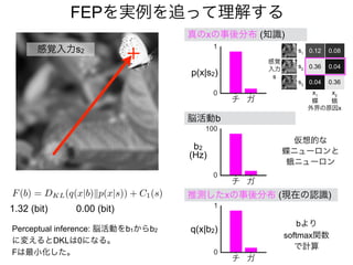 真のxの事後分布 (知識)
推測したxの事後分布 (現在の認識)
p(x|s2)
s1
s2
s3
x1
x2
感覚
入力
s
外界の原因x
蝶 蛾
0.12 0.08
0.36 0.04
0.360.04
q(x|b2)
b2
(Hz)
脳活動b
仮想的な
蝶ニューロンと
蛾ニューロン
bより
softmax関数
で計算
1.32 (bit) 0.00 (bit)
感覚入力s2
0
1
F(b) = DKL(q(x|b)kp(x|s)) + C1(s)
Perceptual inference: 脳活動をb1からb2
に変えるとDKLは0になる。
Fは最小化した。 0
1
0
100
FEPを実例を追って理解する
 