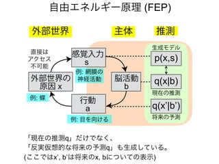 自由エネルギー原理 (FEP)
主体外部世界
感覚入力
s
行動
a
外部世界の
原因 x
p(x,s)
現在の推測
q(x|b)
生成モデル
推測
例: 網膜の
神経活動
直接は
アクセス
不可能
例: 目を向ける
例: 蝶
脳活動
b
q(x’|b’)
将来の予測
「現在の推測q」だけでなく、
「反実仮想的な将来の予測q」も生成している。
(ここではx’, b’は将来のx, bについての表示)
 