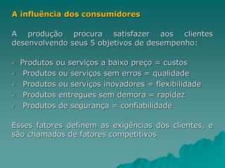 A influência dos consumidores
A produção procura satisfazer aos clientes
desenvolvendo seus 5 objetivos de desempenho:
 Produtos ou serviços a baixo preço = custos
 Produtos ou serviços sem erros = qualidade
 Produtos ou serviços inovadores = flexibilidade
 Produtos entregues sem demora = rapidez
 Produtos de segurança = confiabilidade
Esses fatores definem as exigências dos clientes, e
são chamados de fatores competitivos
 