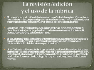  El p c s d p d c n d te svaa o p ña o d lae lua ió c ntinua
      ro e o e ro uc ió e xto c m a d e va c n o
  lac l s , m sq p raa ig r unano o c nta c n info a ió s b la
     ua irve á ue a s na           ta o r o        rm c n o re
  e e nzad c nte p rae tim r e tra a d lo y la e tud nte .
   ns ña    o e , a s ula l b jo e s s s ia s

 Larúb a ins
       ric , trum nto d la e lua ió c ntinua s
                 e     e    va c n o        , irvep rac rific r a
                                                   a la a l
  d c ntey a e tud nta o q e lo im o ntee e em m nto d ntro d l
   oe       l s ia d ué s         p rta  n s o e      e      e
  p c s d re ió y e ic n d un te .
   ro e o e vis n d ió e          xto

 El e tud nta o tra a ind p nd nte e p raa e lua eo e p re so
      s ia d        b ja e e ie m nte a uto va rs     n a ja
  e uip s Dee tam ne , e p c s d re ió y e ic n p m vela
   q o.       s a ra l ro e o e vis n d ió ro ue
  re p ns b a ind ua a s p p tra a .
    s o a ilid d ivid l nte u ro io b jo

 Unarúb ata b n p d d r lug r alae b ra ió d lis sd c te p ra
        ric m ié ue e a     a      la o c n e ta e o jo a
  a o p ña la le c ne e c d sy fa ilita e p c s d re ió y e ic n.
   c m a r s c io s nfo a a         c r l ro e o e vis n d ió
  Lo y la e tud nte us n e lis d p rave a s tra a e e p c s d
     s s s ia s a l ta o a             rific r u b jo n l ro e o e
  p d c n, fo e nd e p ta o m y to a o re p ns b a p ras
   ro uc ió    m nta o l ro g nis o       m nd s o a ilid d a í
  m ms
    is o .

                                                                    18
 