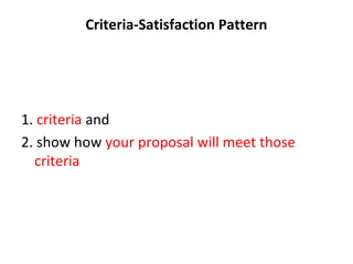Criteria-Satisfaction Pattern
1. criteria and
2. show how your proposal will meet those
criteria
 
