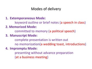 Modes of delivery
1. Extemporaneous Mode:
keyword outline or brief notes (a speech in class)
2. Memorized Mode:
committed to memory (a political speech)
3. Manuscript Mode:
complete presentation is written out
no memorization(a wedding toast, introductions)
4. Impromptu Mode:
presenting without advance preparation
(at a business meeting)
 