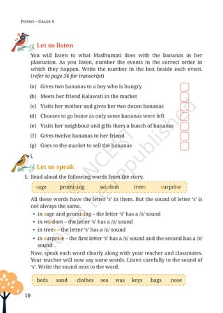 10
Poorvi—Grade 6
Let us listen
		You will listen to what Madhumati does with the bananas in her
plantation. As you listen, number the events in the correct order in
which they happen. Write the number in the box beside each event.
(refer to page 36 for transcript)
(a) Gives two bananas to a boy who is hungry
(b) Meets her friend Kalawati in the market
(c) Visits her mother and gives her two dozen bananas
(d) Chooses to go home as only some bananas were left
(e) Visits her neighbour and gifts them a bunch of bananas
(f) Gives twelve bananas to her friend
(g) Goes to the market to sell the bananas
Let us speak
1. Read aloud the following words from the story.
sage promising wisdom trees surprise
beds sand clothes sea was keys bags nose
		All these words have the letter ‘s’ in them. But the sound of letter ‘s’ is
not always the same.
• in sage and promising – the letter ‘s’ has a /s/ sound
• in wisdom – the letter ‘s’ has a /z/ sound
• in trees – the letter ‘s’ has a /z/ sound
• in surprise – the first letter ‘s’ has a /s/ sound and the second has a /z/
sound
		
Now, speak each word clearly along with your teacher and classmates.
Your teacher will now say some words. Listen carefully to the sound of
‘s’. Write the sound next to the word.
Unit 1.indd 10 13-Jun-24 10:45:31 AM
 