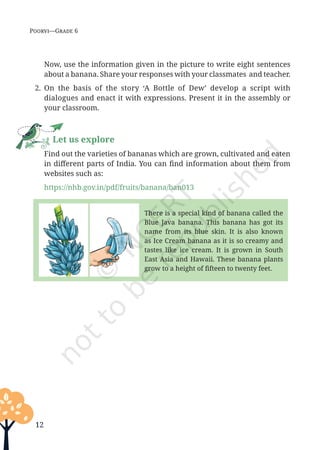 12
Poorvi—Grade 6
		Now, use the information given in the picture to write eight sentences
about a banana. Share your responses with your classmates and teacher.
2. On the basis of the story ‘A Bottle of Dew’ develop a script with
dialogues and enact it with expressions. Present it in the assembly or
your classroom.
There is a special kind of banana called the
Blue Java banana. This banana has got its
name from its blue skin. It is also known
as Ice Cream banana as it is so creamy and
tastes like ice cream. It is grown in South
East Asia and Hawaii. These banana plants
grow to a height of fifteen to twenty feet.
Let us explore
		 Find out the varieties of bananas which are grown, cultivated and eaten
in different parts of India. You can find information about them from
websites such as:
		
https://nhb.gov.in/pdf/fruits/banana/ban013
Unit 1.indd 12 13-Jun-24 10:45:32 AM
 