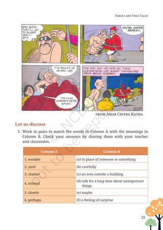 25
Fables and Folk Tales
Let us discuss
1. Work in pairs to match the words in Column A with the meanings in
Column B. Check your answers by sharing them with your teacher
and classmates.
Column A Column B
1. wonder (a) in place of someone or something
2. yard (b) carefully
3. chatter (c) an area outside a building
4. instead
(d) 
talk for a long time about unimportant
things
5. closely (e) maybe
6. perhaps (f) 
a feeling of surprise
from Amar Chitra Katha
Unit 1.indd 25 13-Jun-24 10:45:41 AM
 