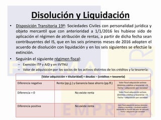 Disolución y Liquidación
• Disposición Transitoria 19ª: Sociedades Civiles con personalidad jurídica y
objeto mercantil qu...