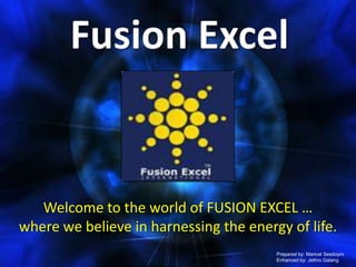 Fusion Excel Welcome to the world of FUSION EXCEL …  where we believe in harnessing the energy of life. Prepared by: Maricel Sesdoyro Enhanced by: Jethro Galang 