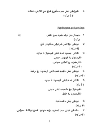 4‫هورايكن‬‫تيض‬‫سبب‬‫سأورغ‬‫هيلغ‬‫حق‬‫كليقن‬.‫حضانة‬
)6(‫امركه‬
Pembubaran perkahwinan
1‫جلسكن‬‫دوا‬‫درفد‬‫شرط‬‫صح‬.‫طلق‬]4
‫امركه‬[
2‫ترغكن‬‫دوا‬‫كسن‬‫فرخراين‬‫امللوءي‬‫خلع‬
]4‫امركه‬[
3‫ثاتاكن‬‫تيمفوه‬‫عدة‬‫باضي‬‫فرامفوان‬2.‫دباوه‬
-i‫فرامفوان‬‫يغ‬‫فوتوس‬.‫حيض‬
-ii‫فرامفوان‬‫يغ‬‫كماتين‬.‫سواامي‬
)4(‫امركه‬
4‫ترغكن‬‫تيض‬‫حكمة‬‫عدة‬‫باضي‬‫فرامفوان‬‫يغ‬.‫برعدة‬
)6(‫امركه‬
5‫ثاتاكن‬‫عدة‬‫باضي‬‫فرامفوان‬2.‫دباوه‬
)2(‫ركه‬
-i‫فرامفوان‬‫يغ‬‫اماسيه‬‫دداتغي‬.‫حيض‬
-ii‫فرامفوان‬‫يغ‬‫حاامل‬
6‫ترغكن‬‫تيض‬‫حكمة‬‫عدة‬
)6(‫امركه‬
7‫جلسكن‬‫تيض‬‫سبب‬‫ايستري‬‫بوليه‬‫امنونتوت‬‫فسخ‬‫ترهادف‬.‫سواامي‬
)6(‫امركه‬
2
 