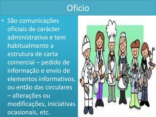 Oficio
• São comunicações
  oficiais de carácter
  administrativo e tem
  habitualmente a
  estrutura de carta
  comercial – pedido de
  informação e envio de
  elementos informativos,
  ou então das circulares
  – alterações ou
  modificações, iniciativas
  ocasionais, etc.
 