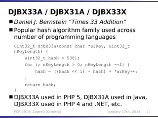 FER 2014, Zagreb (Croatia) January 17th, 2014 12
DJBX33A / DJBX31A / DJBX33X
Daniel J. Bernstein “Times 33 Addition”
Popular hash algorithm family used across
number of programming languages
uint32_t djbx33a(const char *arKey, uint32_t
nKeyLength) {
uint32_t hash = 5381;
for (; nKeyLength > 0; nKeyLength -=1) {
hash = ((hash << 5) + hash) + *arKey++;
}
return hash;
}
DJBX33A used in PHP 5, DJBX31A used in Java,
DJBX33X used in PHP 4 and .NET, etc.
 