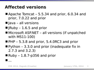 FER 2014, Zagreb (Croatia) January 17th, 2014 8
Affected versions
Apache Tomcat – 5.5.34 and prior, 6.0.34 and
prior, 7.0.22 and prior
Java – all versions
JRuby – 1.6.5 and prior
Microsoft ASP.NET – all versions (if unpatched
with MS11-100)
PHP – 5.3.8 and prior, 5.4.0RC3 and prior
Python – 3.3.0 and prior (inadequate fix in
2.7.3 and 3.2.3)
Ruby – 1.8.7-p356 and prior
...
 