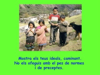 Mostra els teus ideals, caminant. No els ofeguis amb el pes de normes  i de preceptes.  