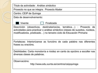 Título da actividade: Análise sintáctico
Proxecto no que se integra: Proxecto Abalar
Centro: CEIP de Quiroga
Data de desenvolvemento:
Vixente Finalizada
Descrición (obxectivos, destinatarios/as, temática…) : Proxecto de
actividades para practicar o análise sintáctico (clases de suxeitos, núcleos,
modificadores, predicado…) no terceiro ciclo de Educación Primaria
Fortalezas: Interiorízanse as funcións de cada palabra nas diferentes
frases ou oracións.
Debilidades: Certa monotonía e rixidez en canto ás opcións a escoller nas
diversas clases de palabras.
Observacións:
http://www.edu.xunta.es/centros/ceipquiroga
 