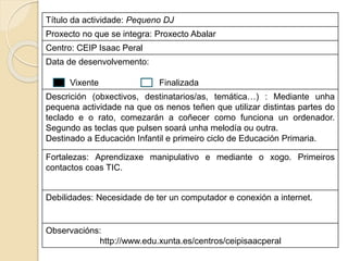 Título da actividade: Pequeno DJ
Proxecto no que se integra: Proxecto Abalar
Centro: CEIP Isaac Peral
Data de desenvolvemento:
Vixente Finalizada
Descrición (obxectivos, destinatarios/as, temática…) : Mediante unha
pequena actividade na que os nenos teñen que utilizar distintas partes do
teclado e o rato, comezarán a coñecer como funciona un ordenador.
Segundo as teclas que pulsen soará unha melodía ou outra.
Destinado a Educación Infantil e primeiro ciclo de Educación Primaria.
Fortalezas: Aprendizaxe manipulativo e mediante o xogo. Primeiros
contactos coas TIC.
Debilidades: Necesidade de ter un computador e conexión a internet.
Observacións:
http://www.edu.xunta.es/centros/ceipisaacperal
 