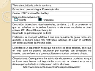 Título da actividade: Monte sen lume
Proxecto no que se integra: Proxecto Abalar
Centro: IES Francisco Daviña Rey
Data de desenvolvemento:
Vixente Finalizada
Descrición (obxectivos, destinatarios/as, temática…) : É un proxecto no
que se traballan os incendios forestais onde están asociados a outro
colexio, CPI Manuel Suárez Marquier.
Destinado ao primeiro curso de ESO
Fortalezas: A principal fortaleza é que esta temática lle gusta moito aos
alumnos e sempre están moi motivados, ademais de estar en contacto
con outros alumnos da mesma idade.
Debilidades: A separación física que hai entre os dous colexios, pero que
en todo caso se podería solucionar por exemplo con conexións vía
internet, para coñecerse e que se puideran comunicar de forma directa.
Observacións: Creo que é unha actividade dobremente produtiva, xa que
se tocan dous temas moi importantes como son a natureza e os seus
riscos e por outro lado o contacto con outros alumnos.
http://www.edu.xunta.es/centros/iesfranciscodavinarey
 