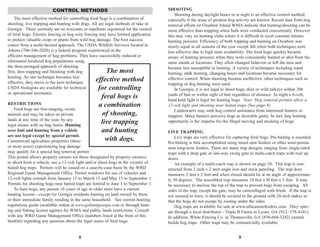 The most effective method for controlling feral hogs is a combination of
shooting, live trapping and hunting with dogs. All are legal methods of take in
Georgia. There currently are no toxicants or repellents registered for the control
of feral hogs. Electric fencing or hog wire fencing may have limited application
to protect valuable crops or plants from wild hog damage. The best success
comes from a multi-faceted approach. The USDA Wildlife Services located in
Athens (706-546-2020) is a federal program experienced in the
efficient management of hog problems. They have successfully reduced or
eliminated localized hog populations using
the three-pronged approach of shooting
first, then trapping and finishing with dog
hunting. As one technique becomes less
effective, they move to the next technique.
USDA biologists are available for technical
or operational assistance.
RESTRICTIONS
Feral hogs are free-ranging, exotic
animals and may be taken on private
lands at any time of the year, by any
legal means with no bag limits. Hunting
over bait and hunting from a vehicle
are not legal except by special permit.
Commercial agriculture properties (three
or more acres) experiencing hog damage
may qualify for a special hog removal permit.
This permit allows property owners (or those designated by property owners)
to shoot from a vehicle, use a 12-volt light and/or shoot hogs in the vicinity of
baited hog traps. Permits will be issued on a case-by-case basis by the WRD
Regional Game Management Office. Permit windows for use of vehicles and
12-volt lights extends from January 15 to March 15 and May 15 to September 1.
Permits for shooting hogs near baited traps are limited to June 1 to September 1.
To hunt hogs, any person 16 years of age or older must have a current
hunting license - except for Georgia residents hunting on land owned by them
or their immediate family residing in the same household. See current hunting
regulations guide (available online at www.gohuntgeorgia.com or through hunt-
ing and fishing license agents) for WMA and public lands restrictions. Consult
with any WRD Game Management Office (numbers listed at the front of this
booklet) regarding any question about the legal status of feral hogs.
CONTROL METHODS
8
The most
effective method
for controlling
feral hogs is
a combination
of shooting,
live trapping
and hunting
with dogs.
9
SHOOTING
Shooting during daylight hours or at night is an effective control method,
especially if the areas of greatest hog activity are known. Recent data from hog
removal efforts on Ossabaw Island WMA indicate that hunting/shooting can be
more effective than trapping when both were conducted concurrently. However
this may vary on hunting clubs where it is difficult to exert constant intense
hunting pressure. Efficiency of both trapping and hunting on Ossabaw was
nearly equal in all seasons of the year except fall when both techniques were
less effective due to high mast availability. The feral hogs quickly became
aware of hunting pressure when they were consistently hunted or shot from the
same stands or locations. They often changed behavior or left the area and
became less susceptible to hunting. A variety of techniques including stand
hunting, stalk hunting, changing hours and locations became necessary for
effective control. When shooting became ineffective, other techniques such as
trapping or dog hunting were used.
In Georgia, it is not legal to shoot hogs, deer or wild turkeys within 200
yards of bait or within sight of bait regardless of distance. At night a 6-volt,
hand held light is legal for hunting hogs. Note: Hog removal permits allow a
12-volt light and shooting near baited traps (See page 8).
Landowners may seek hog control assistance from interested hunters or
trappers. Many hunters perceive hogs as desirable game. In fact, hog hunting
opportunity is the impetus for the illegal moving and stocking of hogs.
LIVE TRAPPING
Live traps are very effective for capturing feral hogs. Pre-baiting is essential.
Pre-baiting is best accomplished using timed spin feeders or other semi-perma-
nent long-term feeders. There are many trap designs, ranging from single-catch
traps with a drop gate or one-way swing gate to multi-catch traps with root up
doors.
An example of a multi-catch trap is shown on page 10. This trap is con-
structed from 2 inch x 2 inch angle iron and stock paneling. The trap door
measures 2 feet x 2 feet and when closed should lie at an angle of approximate-
ly 30 degrees. The assembled trap measures 10 feet x l0 feet x 5 feet. It may
be necessary to enclose the top of the trap to prevent hogs from escaping. All
sides of the trap, except the gate, may be camouflaged with brush. If the trap is
not secured to trees, it should be secured to the ground with 24-inch stakes so
that the hogs do not escape by rooting under the sides.
Hog traps are available for sale at www.allseasonsfeeders.com. They oper-
ate through a local distributor - Triple B Farms in Lyons, GA (912- 578-4101).
In addition, White Fencing Co. in Thomasville, GA (850-668-3242) custom
builds hog traps. Other traps may be commercially available.
 